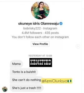 Tonto Dikeh, Kemi Olunloyo and Bobrisky on an Instagram drama